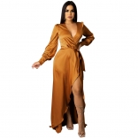 Yellow Long Sleeve Deep V-Neck Women Fashion Jersey Dress