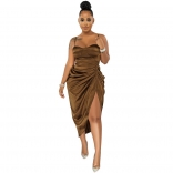 Brown Halter Low-Cut V-Neck Sexy Slit Mini Dress