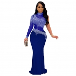 Blue One-Sleeve Mesh Diamond Women Evening Sexy Maxi Dress