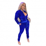 Blue Long Sleeve Zipper Fashion Sexy Sequins Women Jumpsuit