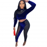 Blue Long Sleeve Mesh Velvet Women Fashion Jumpsuit Sets