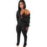 Black Long Sleeve Sexy Bra Cotton Women 3PCS Catsuit Dress