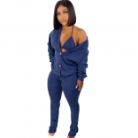 Blue Long Sleeve Sexy Bra Cotton Women 3PCS Catsuit Dress