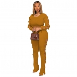 Yellow Long Sleeve Bandage Cotton Backless Cotton Women Jumpsuit
