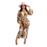 Beige Long Sleeve Deep V-Neck Printed Sexy Midi Dress