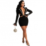 Black Long Sleeve Deep V-Neck Diamond Sexy Mini Dress