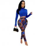 Blue Long Sleeve Zipper Tops Printed Sexy Women Jumpsuit