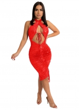 Red Sleeveless Hollow-out Halter Women Sequins Midi Dress