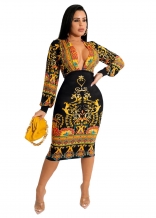 Black Long Sleeve Deep V-Neck Printed Vintage Ladies Dress