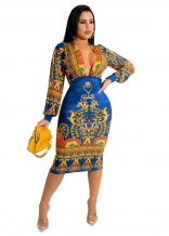 Blue Long Sleeve Deep V-Neck Printed Vintage Ladies Dress