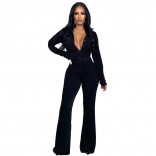 Black Long Sleeve Button Deep V-Neck Velvet Women Fashion Jumpsuit