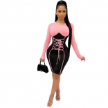 Pink Long Sleeve O-Neck Lace-up Bandage Women Mini Dress