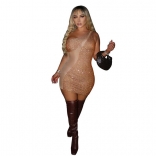 Golden Sleeveless Mesh Sequins Fashion Clubwear