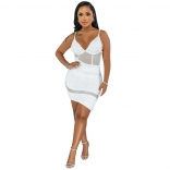 White Halter Sleeveless Halter V-Neck Sexy Mesh Rhinestone Club Dress