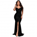 Black Off-Shoulder Low-Cut V-Neck Bodycons Pleated Evening Dress