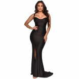 Black Off-Shoulder Halter Low-Cut V-Neck Bodycons Pleated Evening Dress