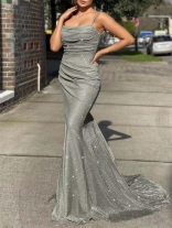 Grey Sleeveless Halter Boat-Neck Silk Girding Women Maxi Evening Dress