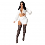 White Long Sleeve Low-Cut Deep V-Neck Fashion Club Short Set