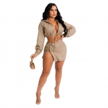 Khaki Long Sleeve Low-Cut Deep V-Neck Fashion Club Short Set