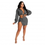 Grey Long Sleeve Low-Cut Deep V-Neck Fashion Club Short Set