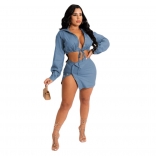 Blue Long Sleeve Low-Cut Deep V-Neck Fashion Club Short Set