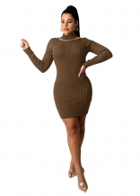 Khaki Long Sleeve Cotton O-Neck Fashion Women OL Dress