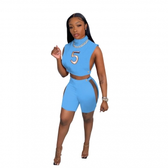 Blue Sleeveless Mesh Sexy Fashion Party Short Set