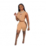 Khaki Sleeveless Mesh Sexy Fashion Party Short Set