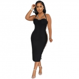 Black Sleeveless Halter V-Neck Hollow-out Bandage Rhinestone Midi Dress