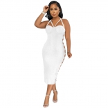 White Sleeveless Halter V-Neck Hollow-out Bandage Rhinestone Midi Dress