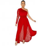 Red One-Sleeve Mesh Bodycon Belt Women Jumpsuit