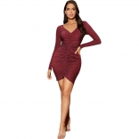 Red Long Sleeve V-Neck Silk Lace Bodycons Mini Dress