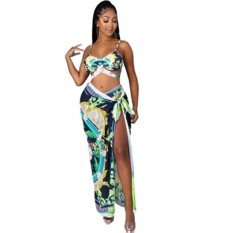 Green Sleeveless V-Neck Printed Swim Beach Wear