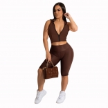 Brown Sleeveless Zipper Bodycons Women Club Short Set