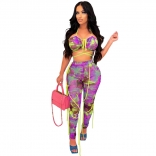 Purple Sleeveless Halter Printed V-Neck Bodycon Women Sexy Jumpsuit