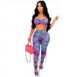 Blue Sleeveless Halter Printed V-Neck Bodycon Women Sexy Jumpsuit