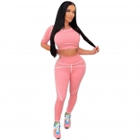 Pink Short Sleeve O-Neck Bodycon Sports Women Jumpsuit