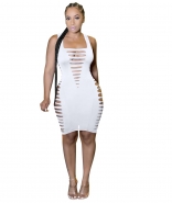 White Sleeveless Halter Deep V-Neck Bandage Sexy Club Dress