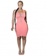 Pink Sleeveless Halter Deep V-Neck Bandage Sexy Club Dress