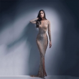 Silver Long Sleeve Mesh Rhinestone Fashion Evening Long Dress