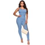 Blue Sleeveless Halter Low-Cut Jeans Bodycon Sexy Jumpsuit