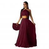 Red Off-Shoulder Sleeveless 2PCS Pleated Women Fashion Jersey Dress