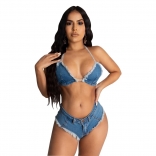 Blue Sleeveless Halter V-Neck Jeans Tassels Short Sets