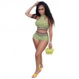 Green Sleeveless Halter Printed Bodycon Sexy Short Sets