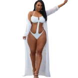 White Long Sleeve Rhinestone Mesh Women Fashion Beach Wear