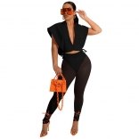 Black Sleevless Zipper Hollow-out Mesh Bodycon Women Jumpsuit