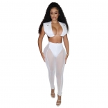 White Sleeveless Deep V-Neck Mesh Bodycon Sexy Jumpsuit