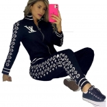 Black Long Sleeve Printed Zipper Fashion Club Sports Dress