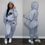 Grey Long Sleeve O-Neck Printed Fashion Sports Hoody Dress