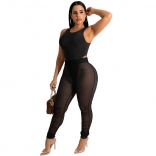 Black Sleeveless Halter Romper Mesh Bodycon Sexy Jumpsuit